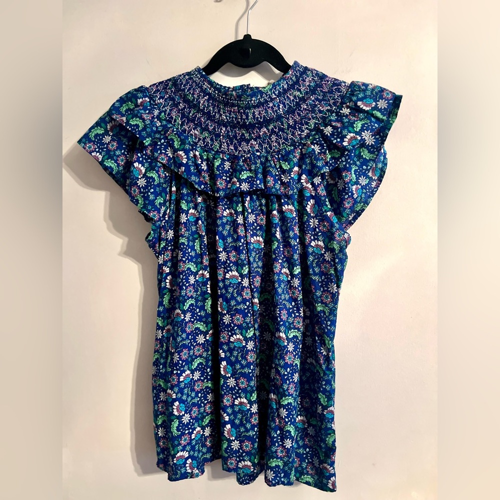 LOFT Blue Floral Smocked Ruffle Short‎ Sleeve Cottagecore Top-Size XL